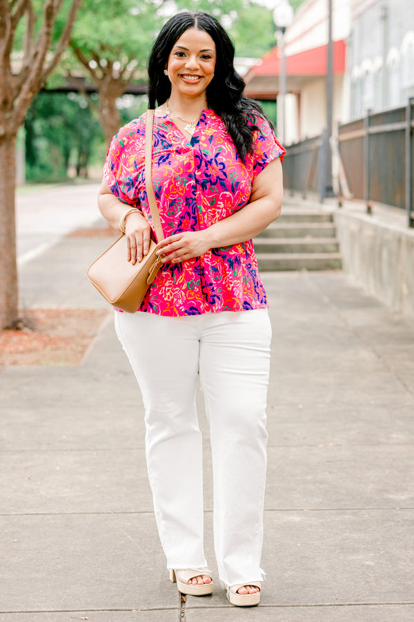 Chic Soul plus size clothing, hot pink button tab short sleeve shallow v-neck casual top with abstract navy and yellow floral pattern
