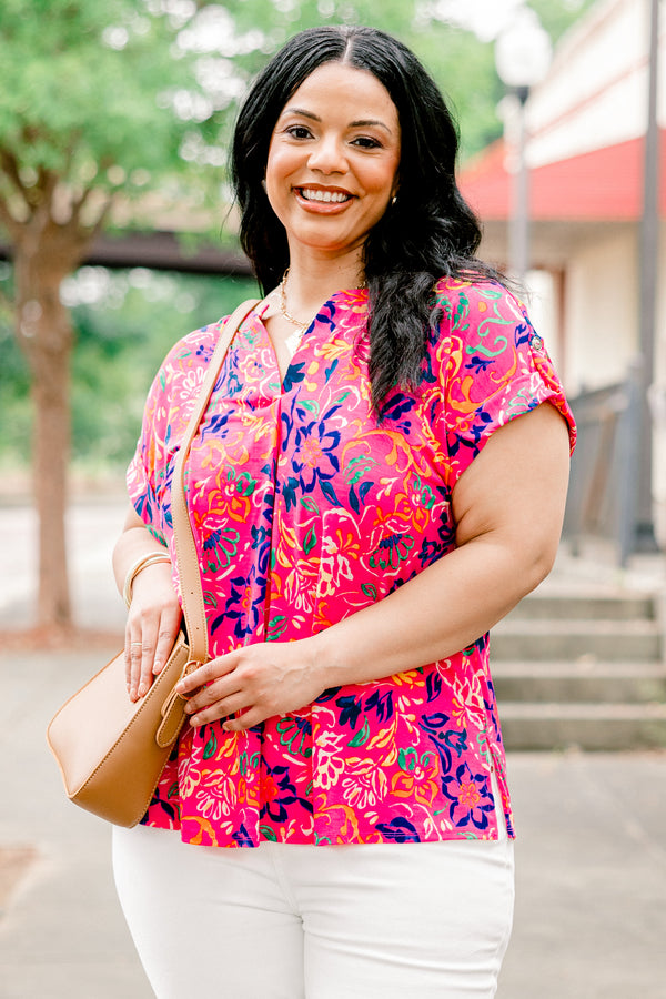 Chic Soul plus size clothing, hot pink button tab short sleeve shallow v-neck casual top with abstract navy and yellow floral pattern