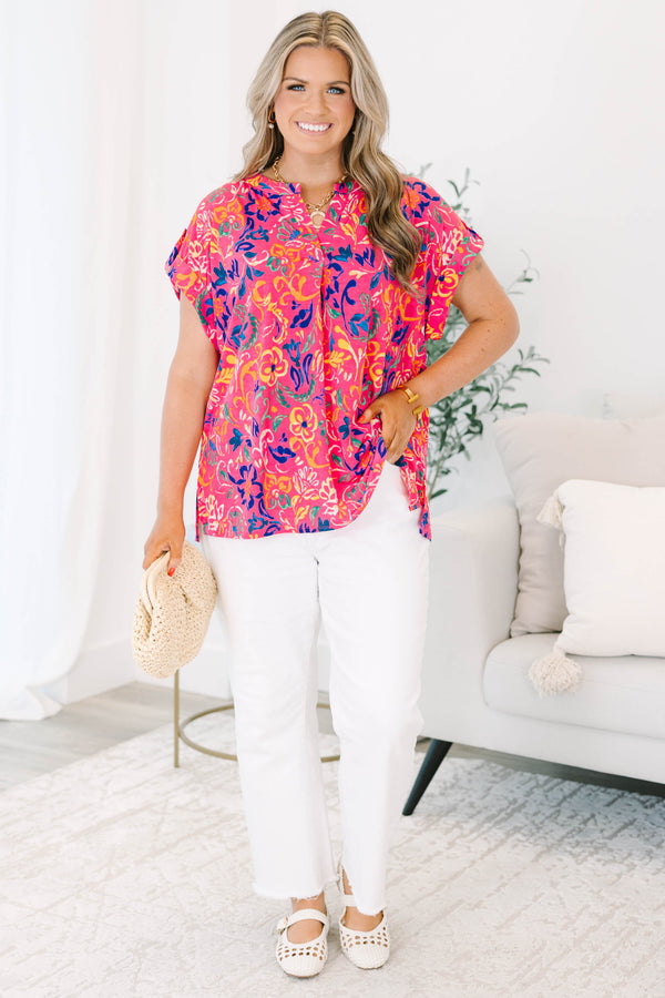 Chic Soul plus size clothing, hot pink button tab short sleeve shallow v-neck casual top with abstract navy and yellow floral pattern