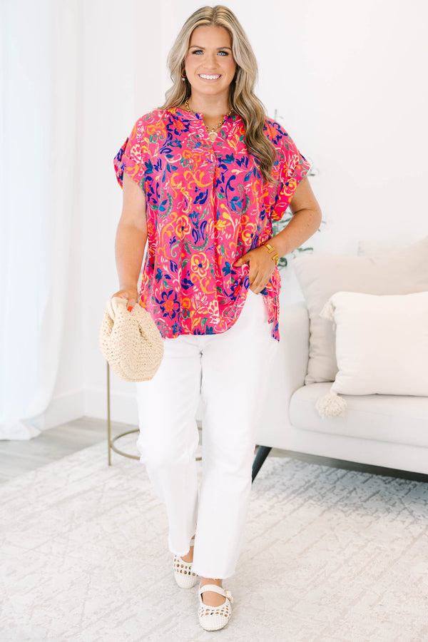 Chic Soul plus size clothing, hot pink button tab short sleeve shallow v-neck casual top with abstract navy and yellow floral pattern