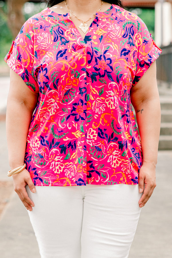 Chic Soul plus size clothing, hot pink button tab short sleeve shallow v-neck casual top with abstract navy and yellow floral pattern