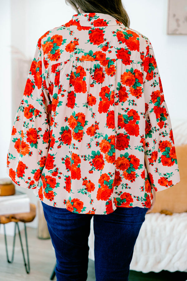 Chic Soul plus size clothing, flowy long-sleeve collared buttoned red-beige blouse with red rose floral pattern 