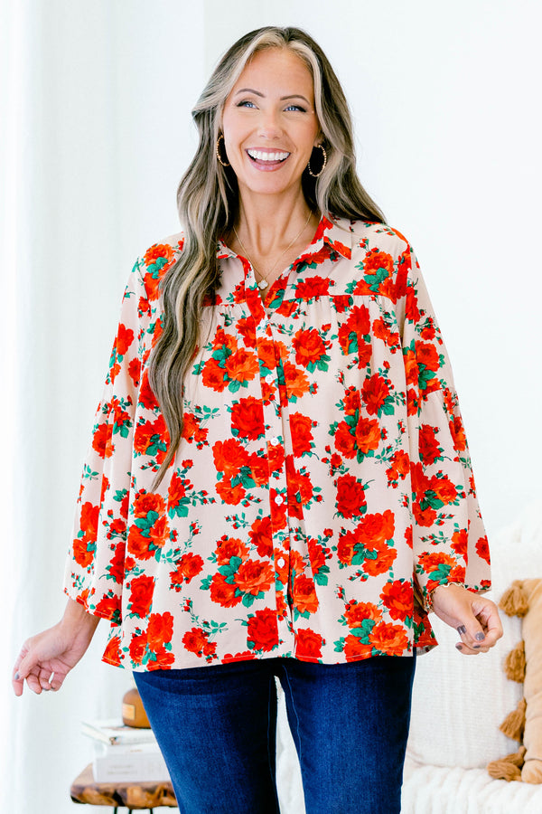Chic Soul plus size clothing, flowy long-sleeve collared buttoned red-beige blouse with red rose floral pattern 
