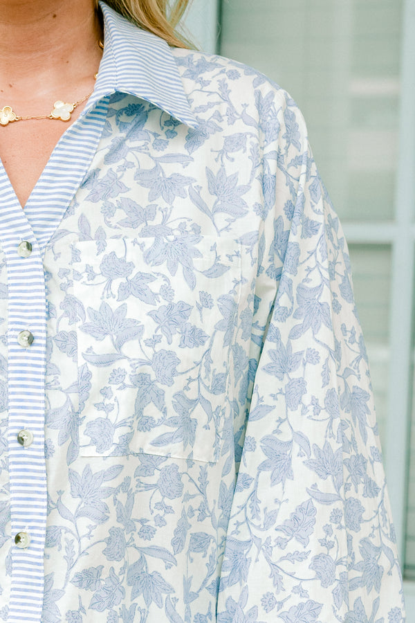 Chic Soul plus size clothing, long sleeve button up top blue floral top with collar