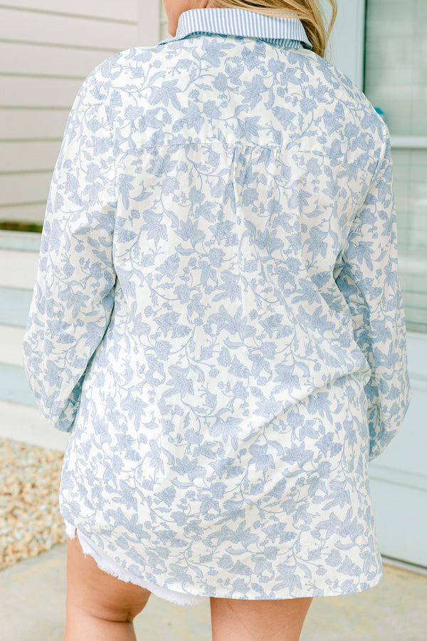 Chic Soul plus size clothing, long sleeve button up top blue floral top with collar