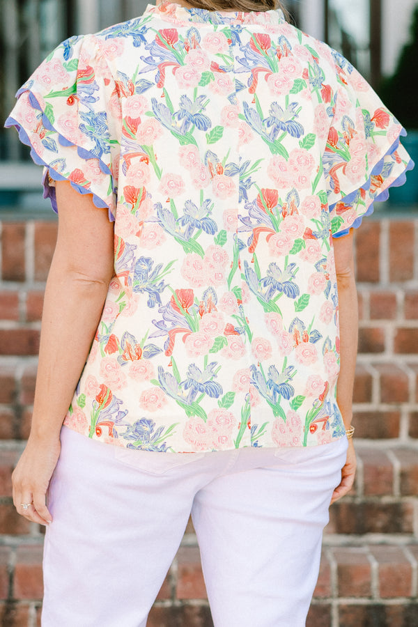 Chic Soul plus size clothing, blue floral multi print short sleeve top with v neckline and tiered ruffle sleeves with scalloped purple edges along sleeves and neckline