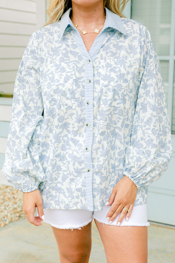 Chic Soul plus size clothing, long sleeve button up top blue floral top with collar