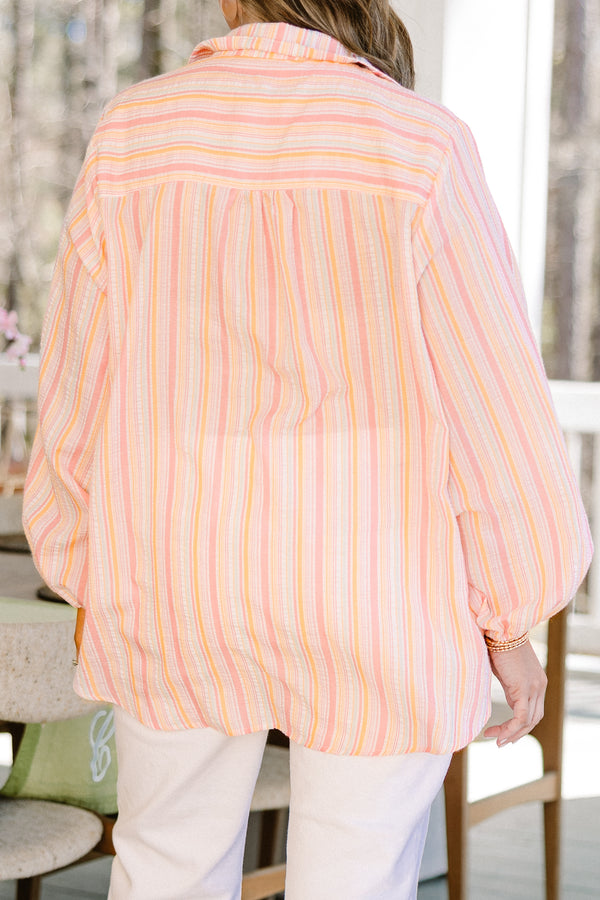 Chic Soul plus size clothing, orange and pink thin stripe button down long puff sleeve top