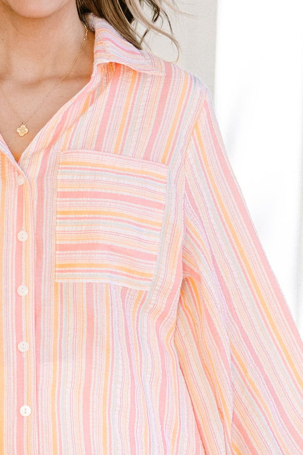 Chic Soul plus size clothing, orange and pink thin stripe button down long puff sleeve top