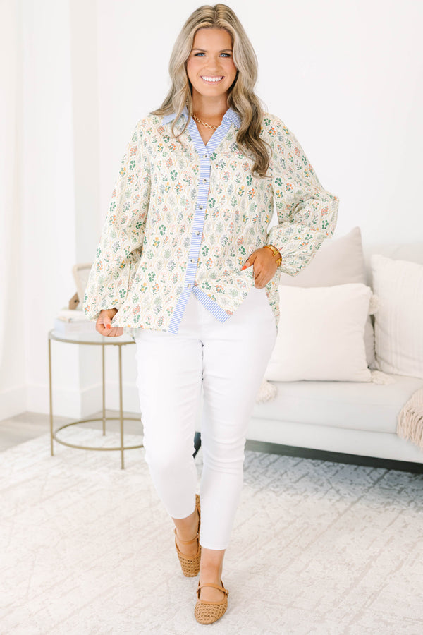 Chic Soul plus size clothing, cream colored long-puff sleeve collared button-up pocket top with leafy floral pattern and blue and white striped blocking around collar and buttons