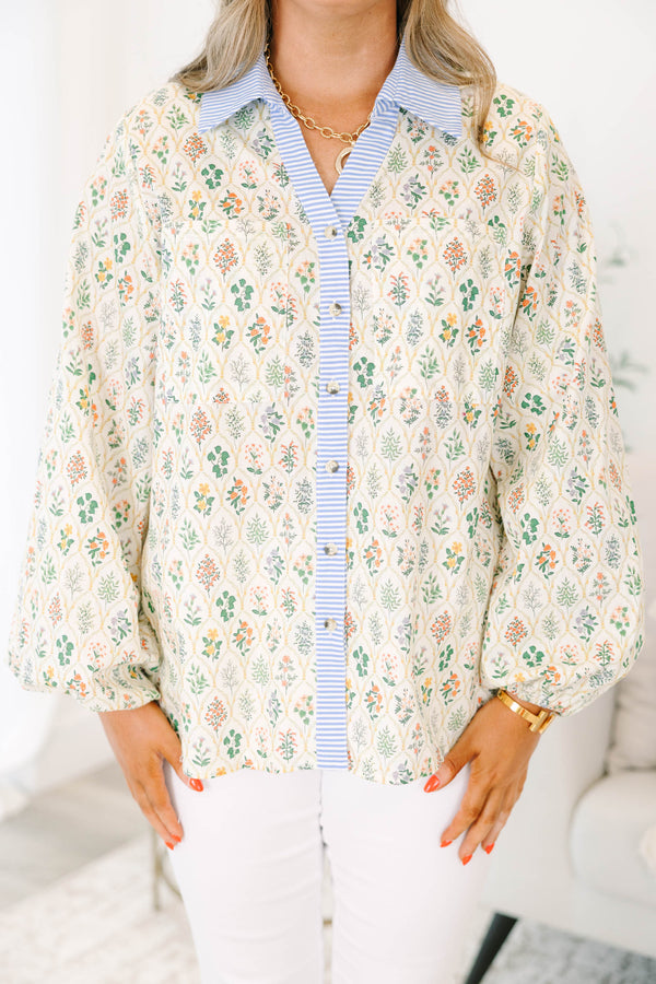 Chic Soul plus size clothing, cream colored long-puff sleeve collared button-up pocket top with leafy floral pattern and blue and white striped blocking around collar and buttons
