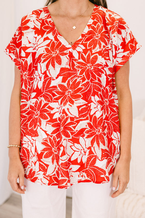 Chic Soul plus size clothing, short-sleeve red top with a v-neckline and a white abstract floral pattern