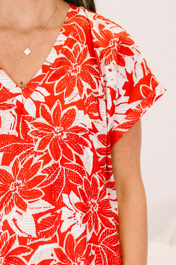 Chic Soul plus size clothing, short-sleeve red top with a v-neckline and a white abstract floral pattern