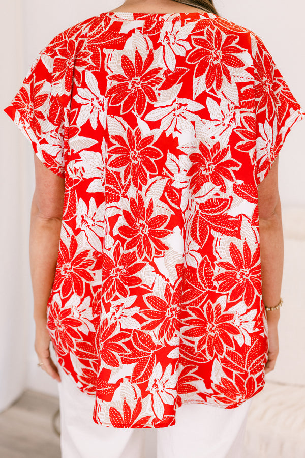 Chic Soul plus size clothing, short-sleeve red top with a v-neckline and a white abstract floral pattern