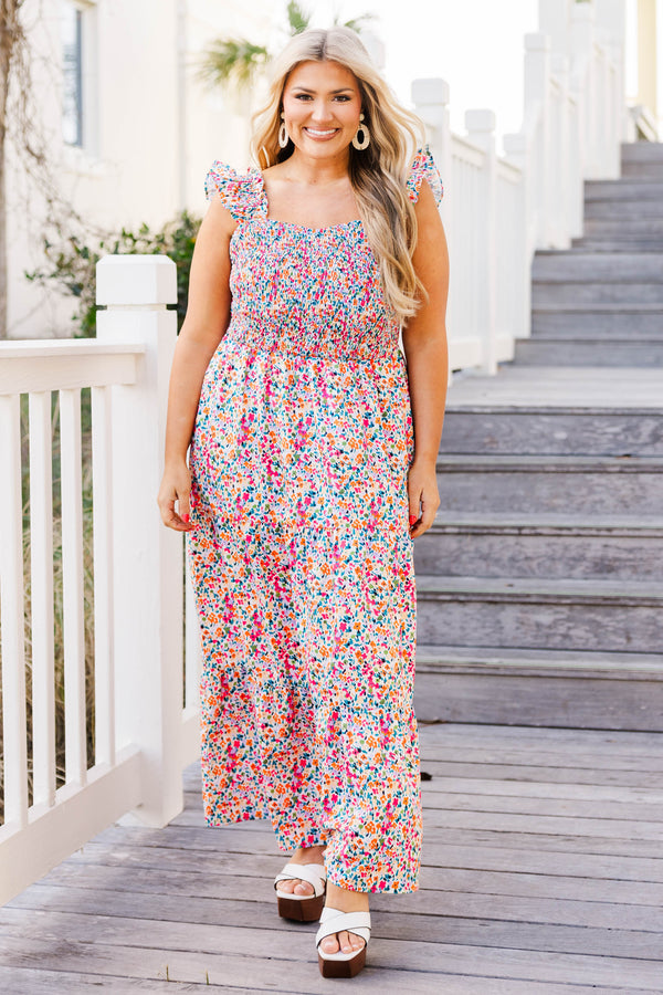Chic Soul plus size clothing, pink floral dress midi length and ruffle straps
