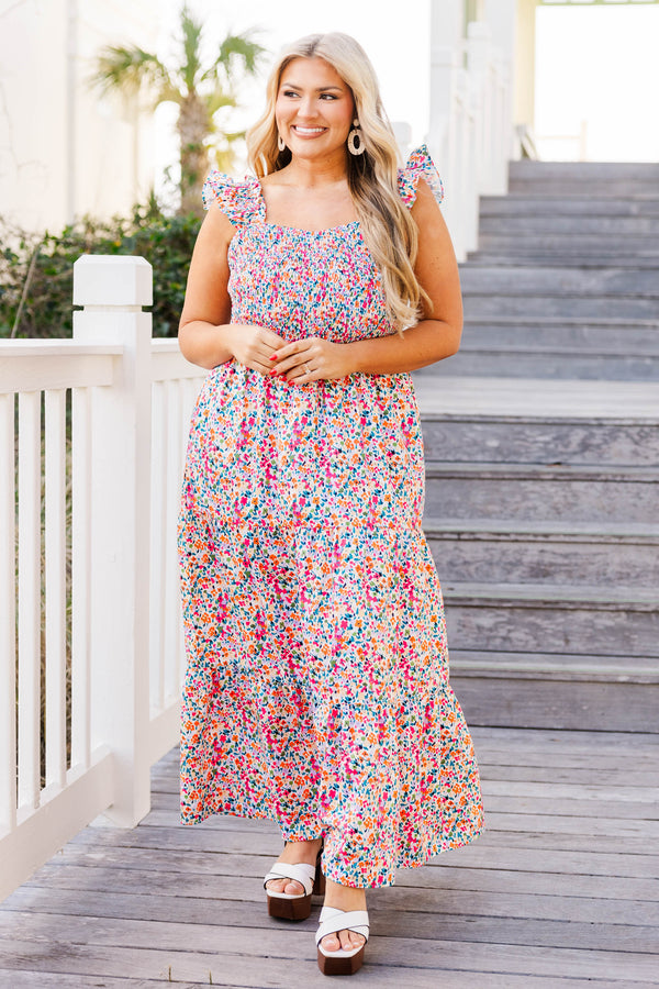 Chic Soul plus size clothing, pink floral dress midi length and ruffle straps
