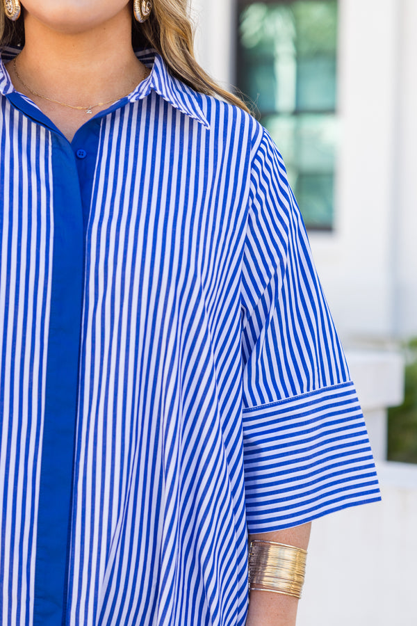 Chic Soul plus size clothing, blue and white vertical stripe maxi dress with buttons down the front, collar, and blue color block down the middle