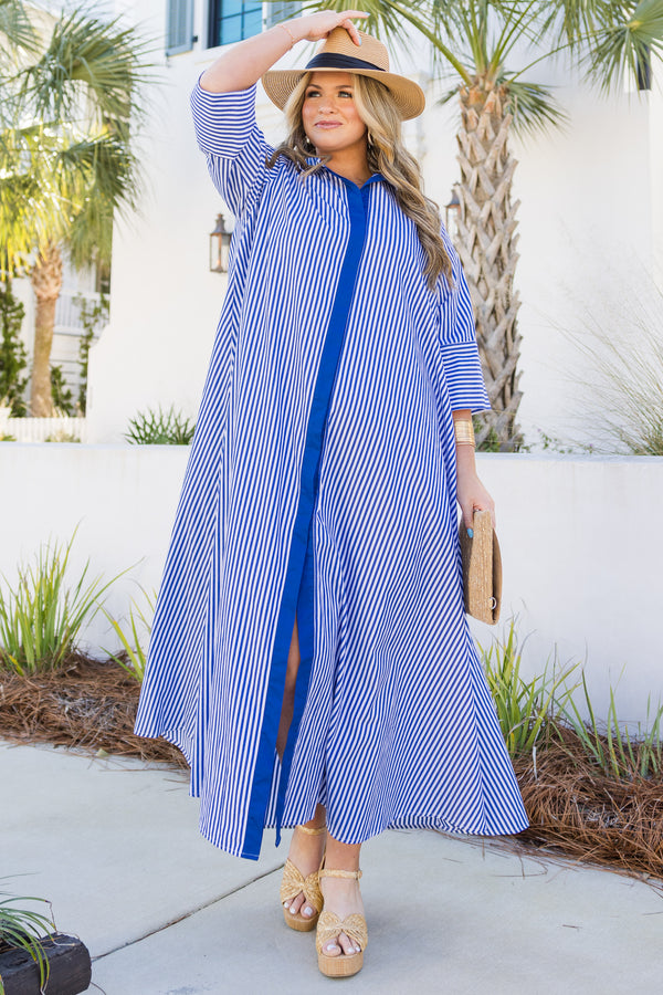 Chic Soul plus size clothing, blue and white vertical stripe maxi dress with buttons down the front, collar, and blue color block down the middle