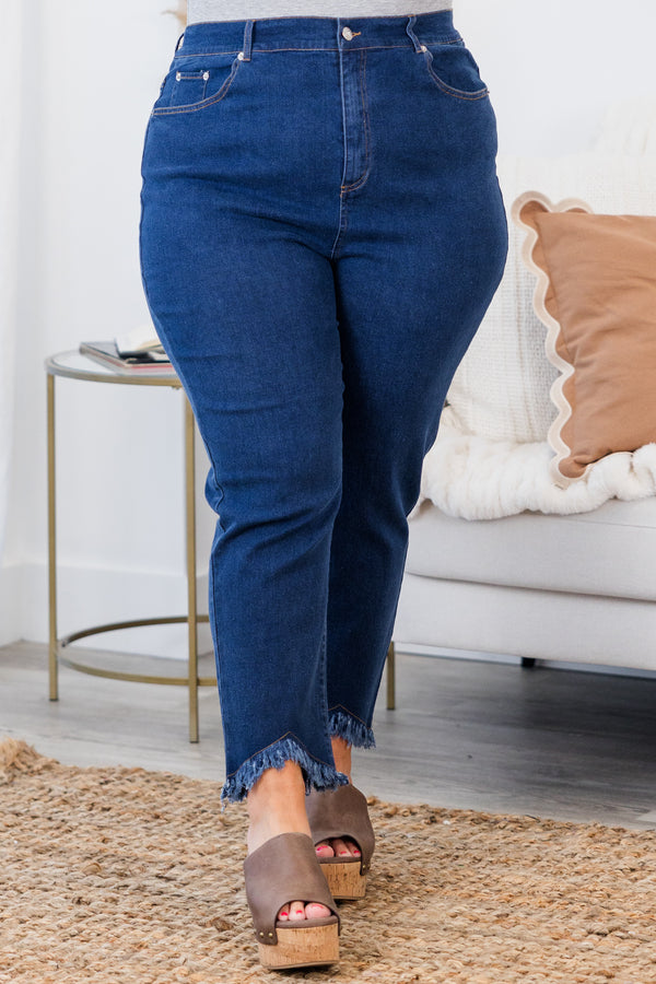 Chic Soul plus size clothing, medium wash denim jeans with frayed tapered hem 