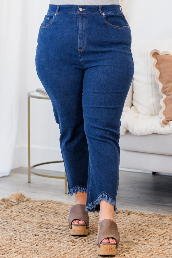 Chic Soul plus size clothing, medium wash denim jeans with frayed tapered hem 