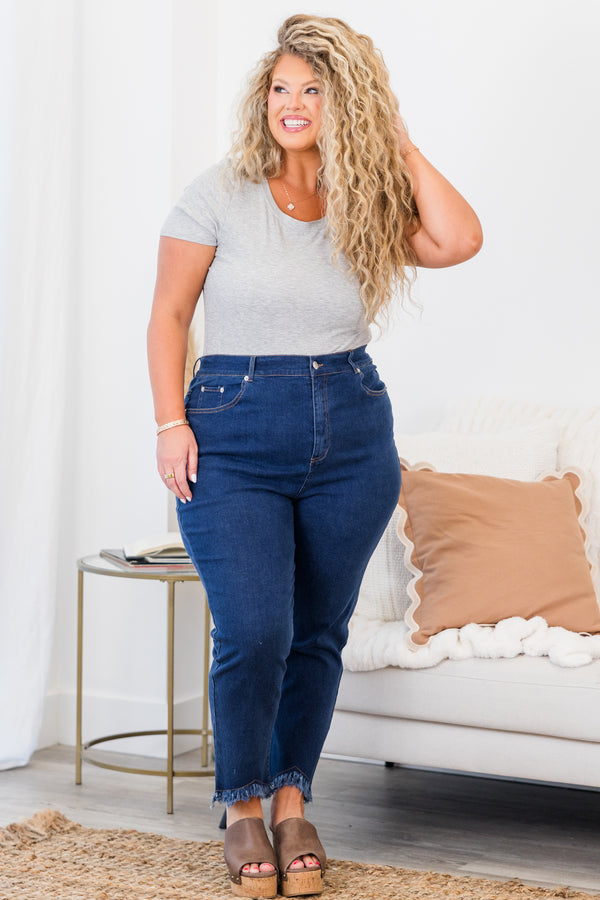 Chic Soul plus size clothing, medium wash denim jeans with frayed tapered hem 