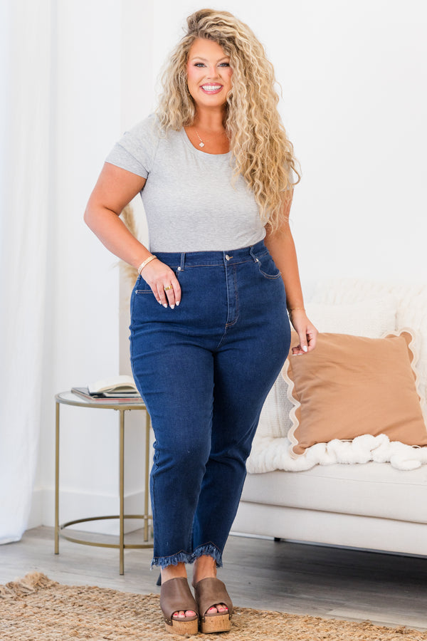 Chic Soul plus size clothing, medium wash denim jeans with frayed tapered hem 