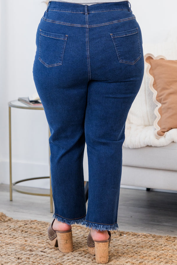 Chic Soul plus size clothing, medium wash denim jeans with frayed tapered hem 