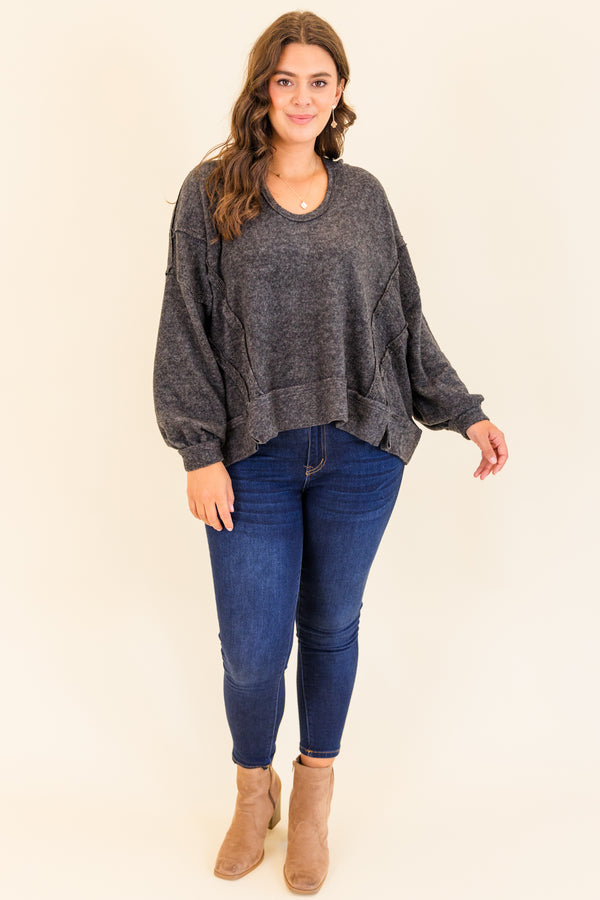 Chic Soul plus size clothing, black soft long sleeve hoodie with scoop neckline with cuff bubble sleeves and outer stitching detail
