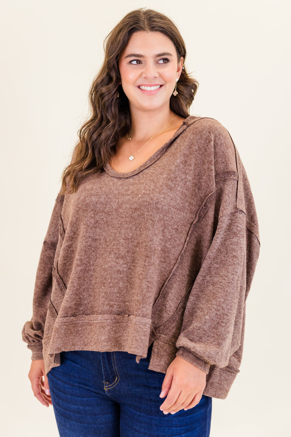 Chic Soul plus size clothing, heather beige long sleeve hoodie pullover with scoop neckline with cuff sleeves with outer stitching detail