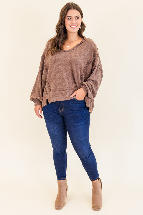 Chic Soul plus size clothing, heather beige long sleeve hoodie pullover with scoop neckline with cuff sleeves with outer stitching detail
