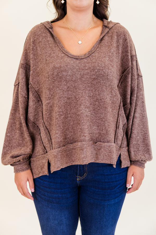 Chic Soul plus size clothing, heather beige long sleeve hoodie pullover with scoop neckline with cuff sleeves with outer stitching detail