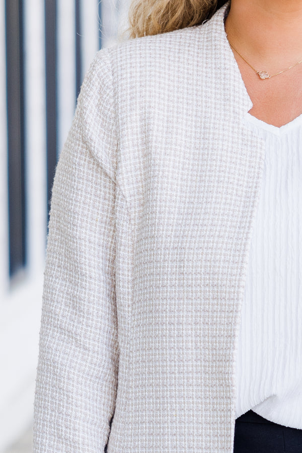 Chic Soul plus size clothing, beige fitted jacket with subtle plaid pattern 