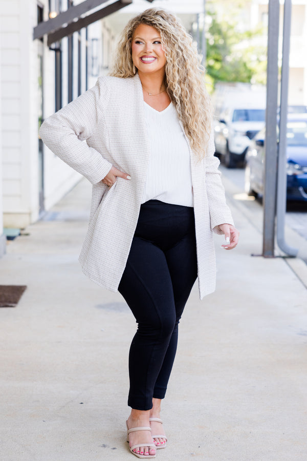 Chic Soul plus size clothing, beige fitted jacket with subtle plaid pattern 