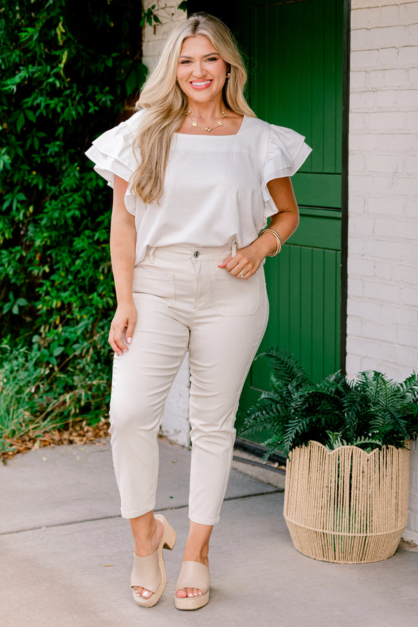 Chic Soul Plus size clothing, cream capri pants with two front pockets 

