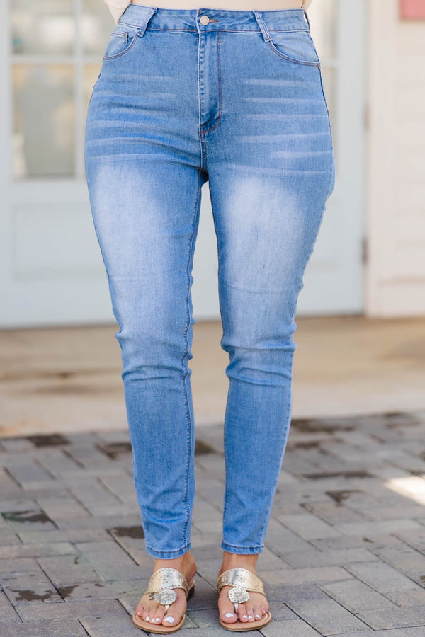 Chic Soul plus size clothing, light blue skinny jeans with light fading on the thighs