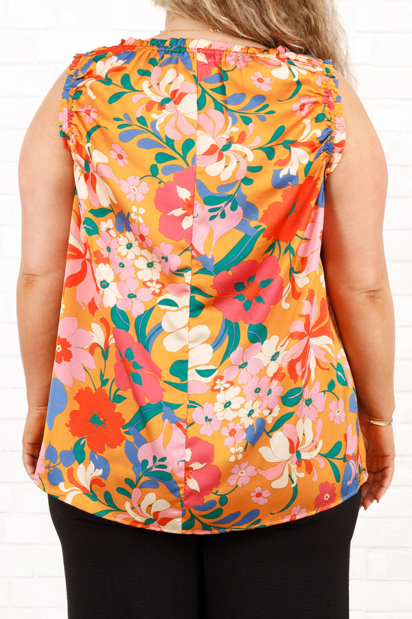 Chic Soul plus size clothing, orange and multi colored floral patterned tank top with rouching detail on neckline