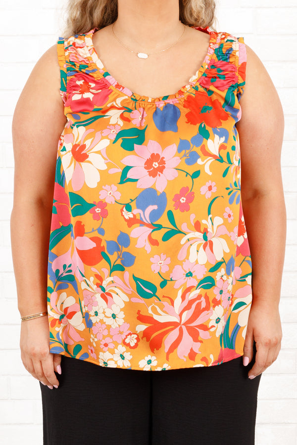 Chic Soul plus size clothing, orange and multi colored floral patterned tank top with rouching detail on neckline