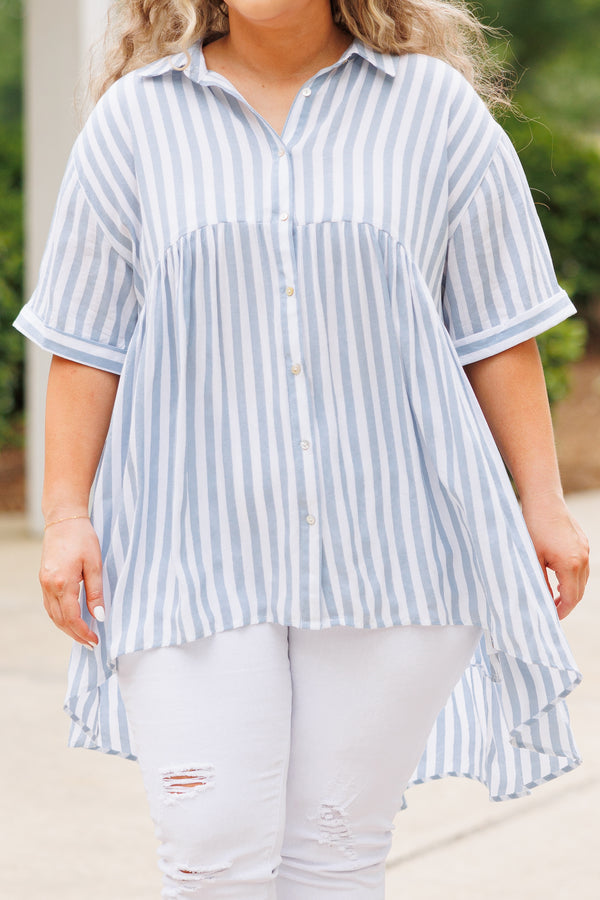 Chic Soul plus size clothing, blue and white striped babydoll style flowy top with a collar