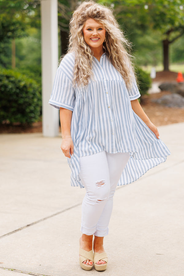 Chic Soul plus size clothing, blue and white striped babydoll style flowy top with a collar