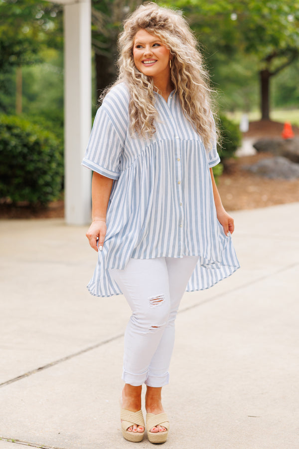 Chic Soul plus size clothing, blue and white striped babydoll style flowy top with a collar