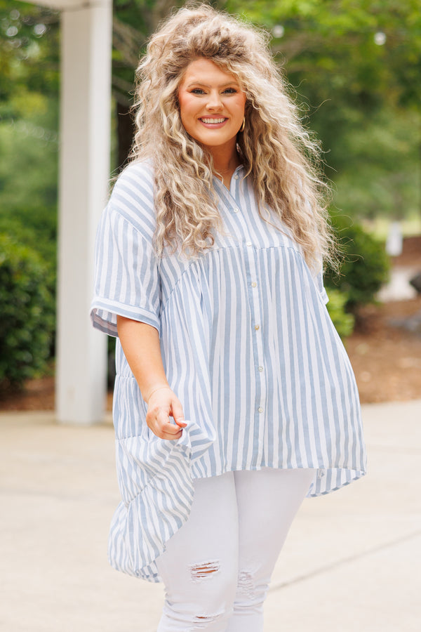 Chic Soul plus size clothing, blue and white striped babydoll style flowy top with a collar