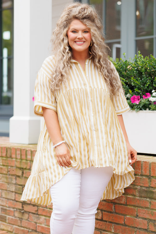 Chic Soul plus size clothing, yellow and white striped flowy babydoll style top with a collar