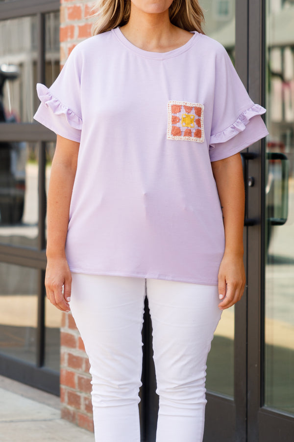 Chic Soul plus size clothing, lavender top with ruffles on sleeves and crochet patchwork detailing