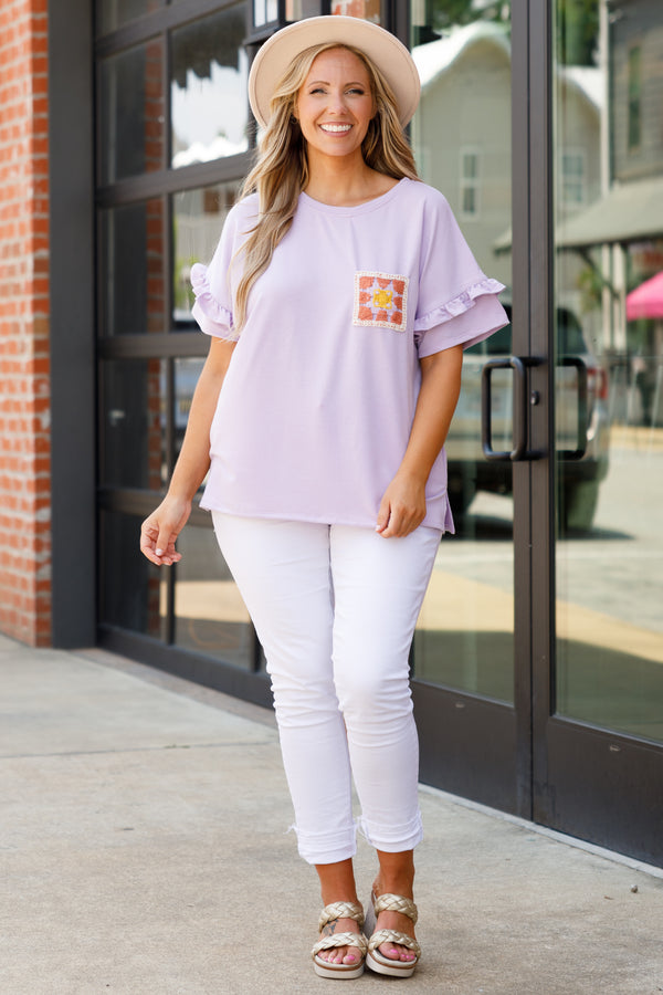 Chic Soul plus size clothing, lavender top with ruffles on sleeves and crochet patchwork detailing