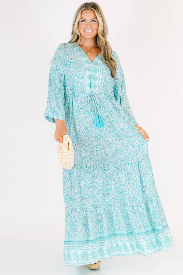 Chic Soul plus size clothing, long sleeve mint paisley print maxi dress with waist tie