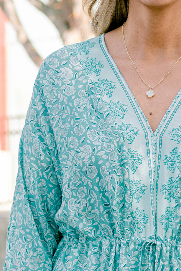 Chic Soul plus size clothing, long sleeve mint paisley print maxi dress with waist tie