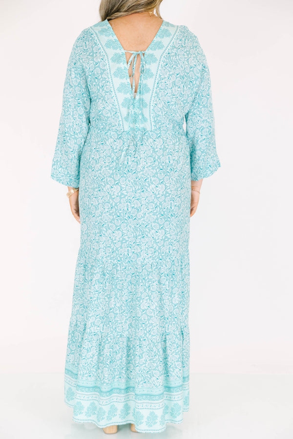 Chic Soul plus size clothing, long sleeve mint paisley print maxi dress with waist tie