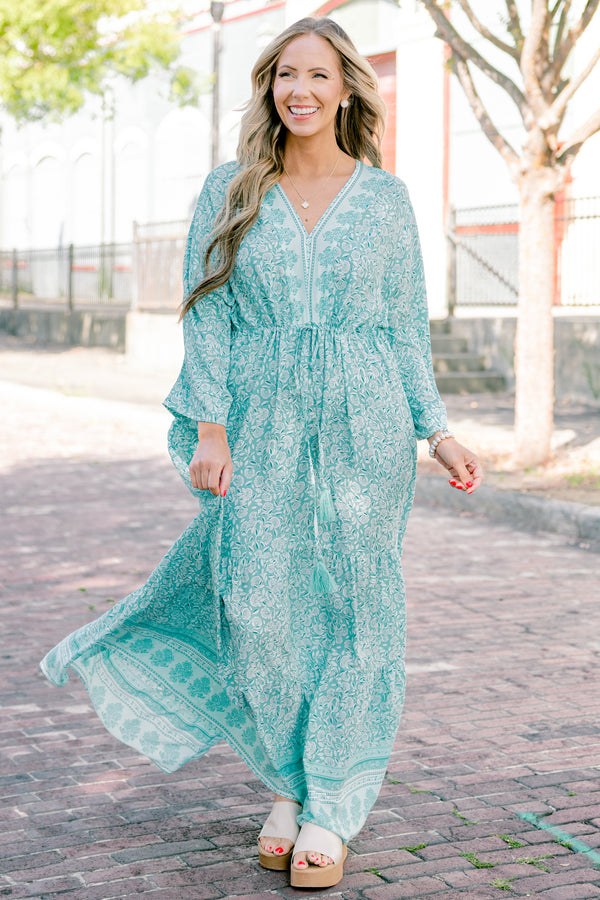 Chic Soul plus size clothing, long sleeve mint paisley print maxi dress with waist tie