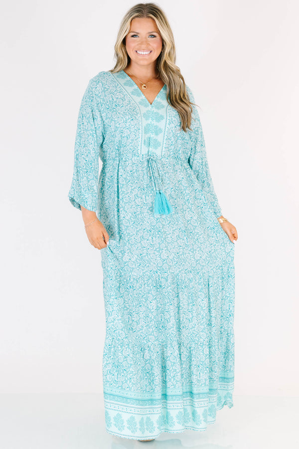 Chic Soul plus size clothing, long sleeve mint paisley print maxi dress with waist tie