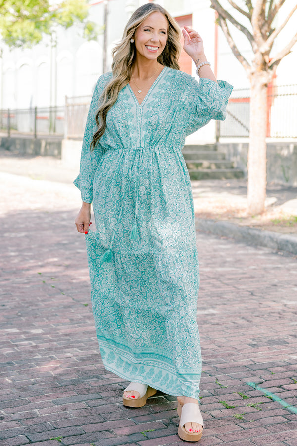 Chic Soul plus size clothing, long sleeve mint paisley print maxi dress with waist tie